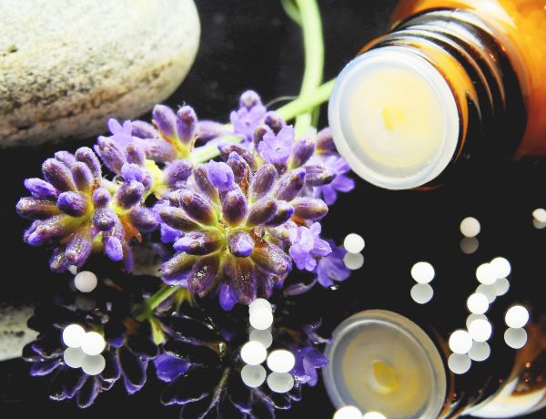 Vielfältige Pflanzen, Blüten und Kräuter mit Glasgefäß als Darstellung pflanzlicher Wirkstoffe und Naturmedizin