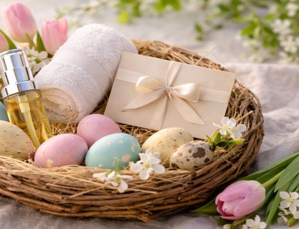 Korb mit pastellfarbenen Eiern, kleiner Geschenkbox und Blumen auf hellem Stoff