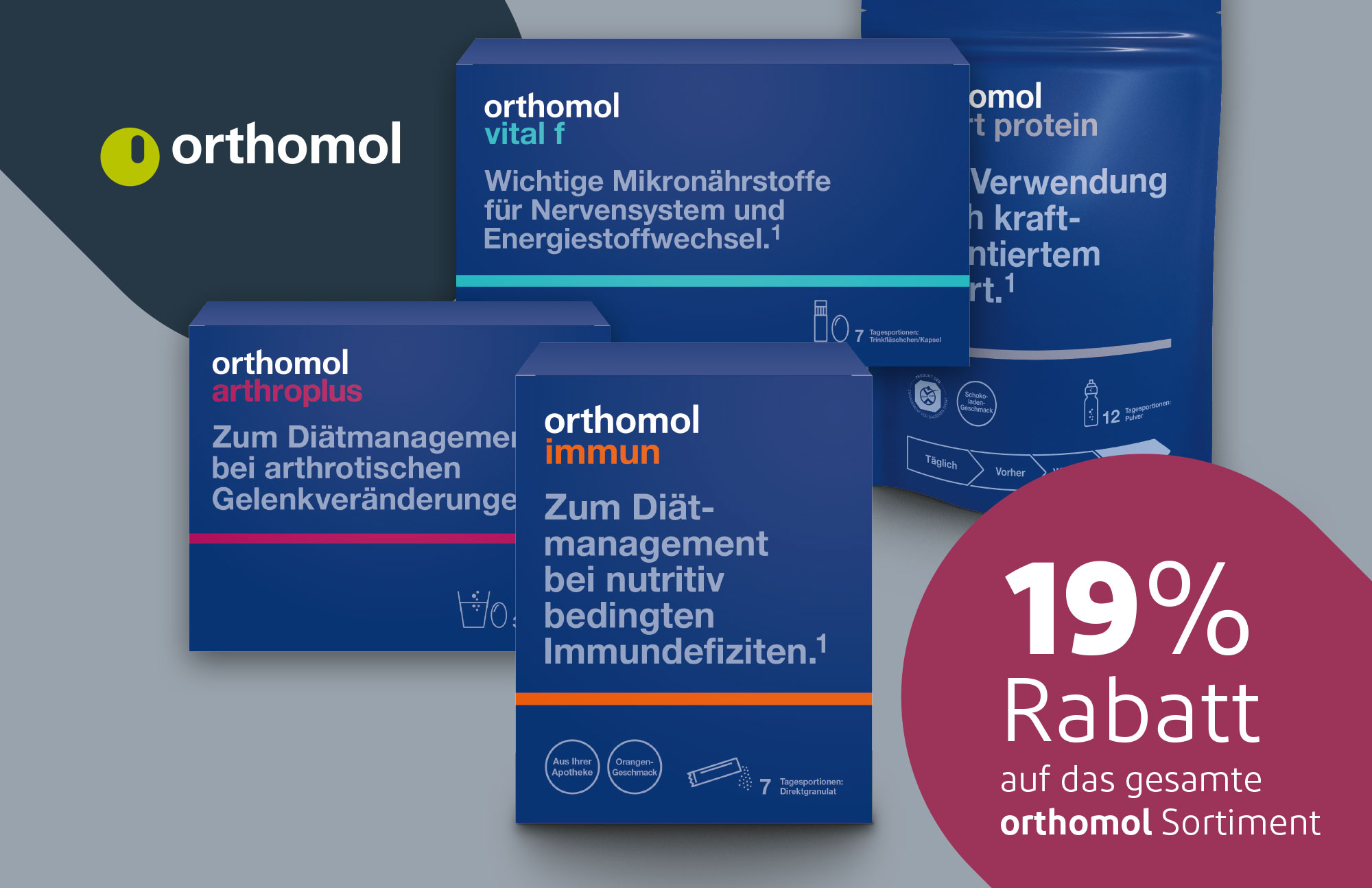 Packungen von Orthomol-Produkten mit 19 % Rabatt-Hinweis auf grauem Hintergrund.