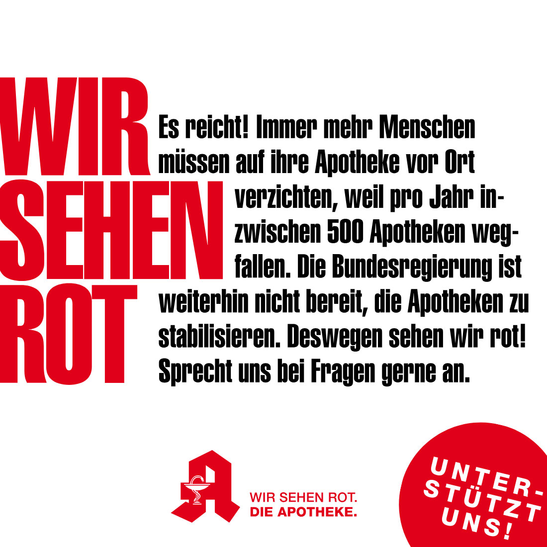 Plakat mit rotem Schriftzug „WIR SEHEN ROT“ und Kampagnentext auf weißem Hintergrund.