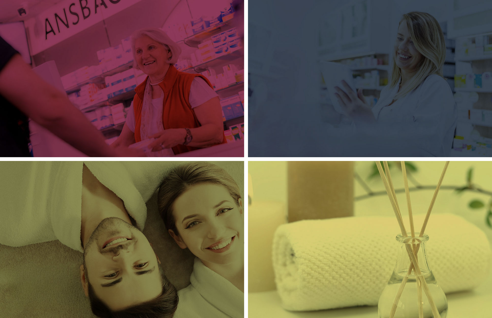 Vier Bilder zeigen Personen in Innenräumen, Handtücher und Apothekenumfeld in Farbtönen.