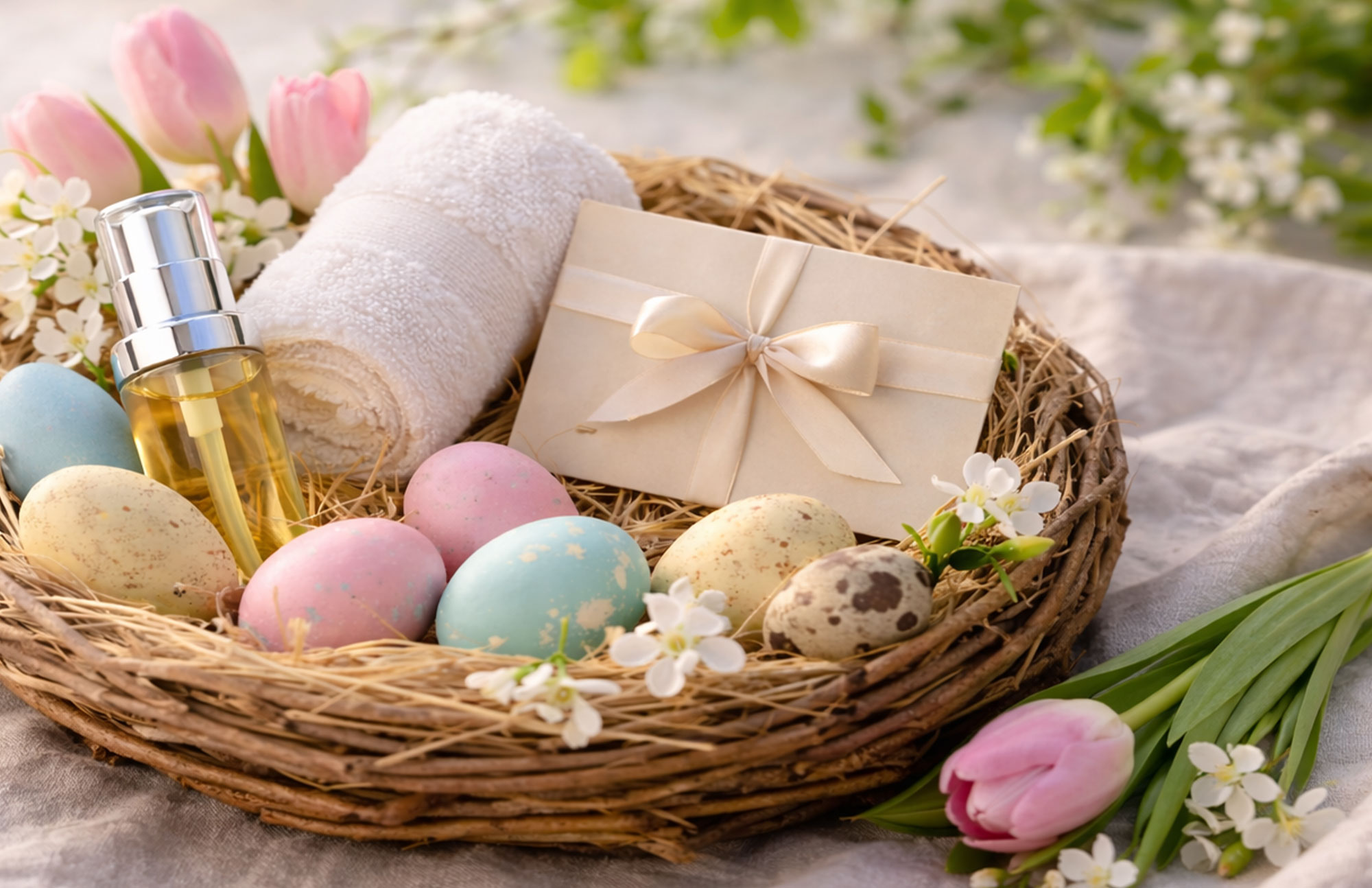 Korb mit pastellfarbenen Eiern, kleiner Geschenkbox und Blumen auf hellem Stoff