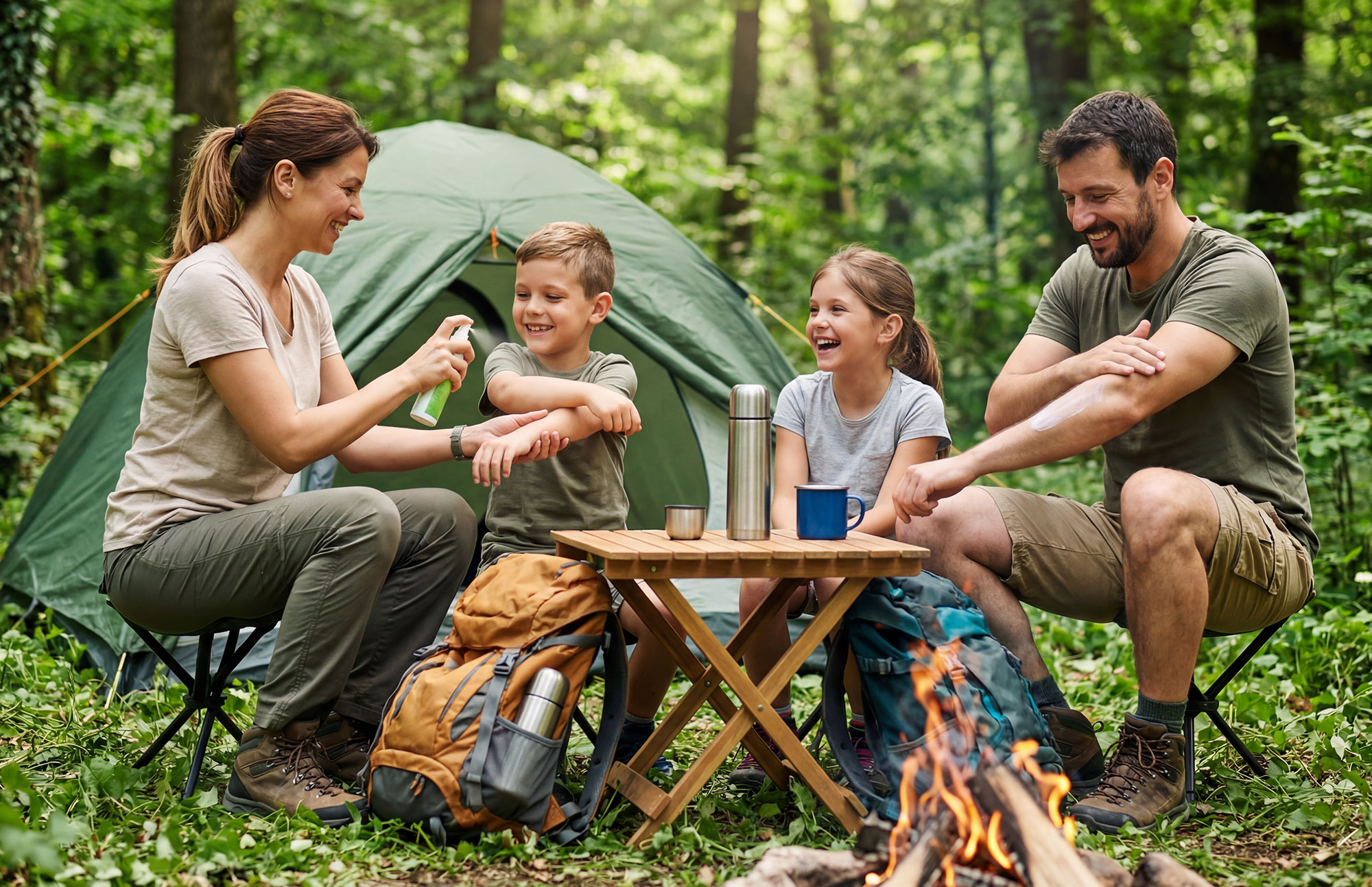 Zwei Erwachsene und zwei Kinder sitzen im Wald am Lagerfeuer, Zelt im Hintergrund